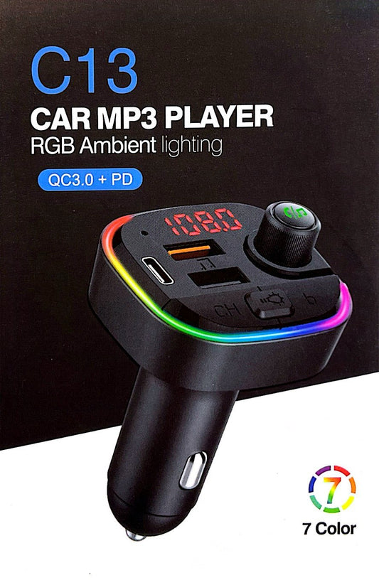 C13 Auto Mp3 Player mit RGB Umgebung Licht QC 3.0 + PD mit USB A und USB-C Anschlüssen